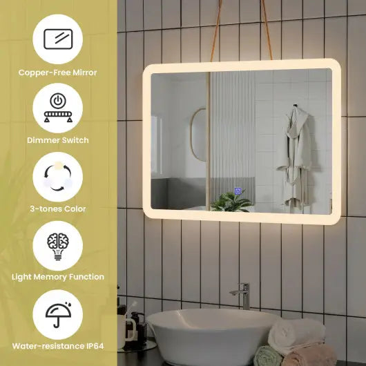 LED wall-mounted bathroom rounded arch corner mirror with shelf
