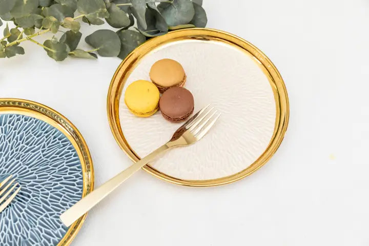 DESSERTBORD MET GOUDEN RAND 2 BLAUW EN 2 CRÈME - SET VAN