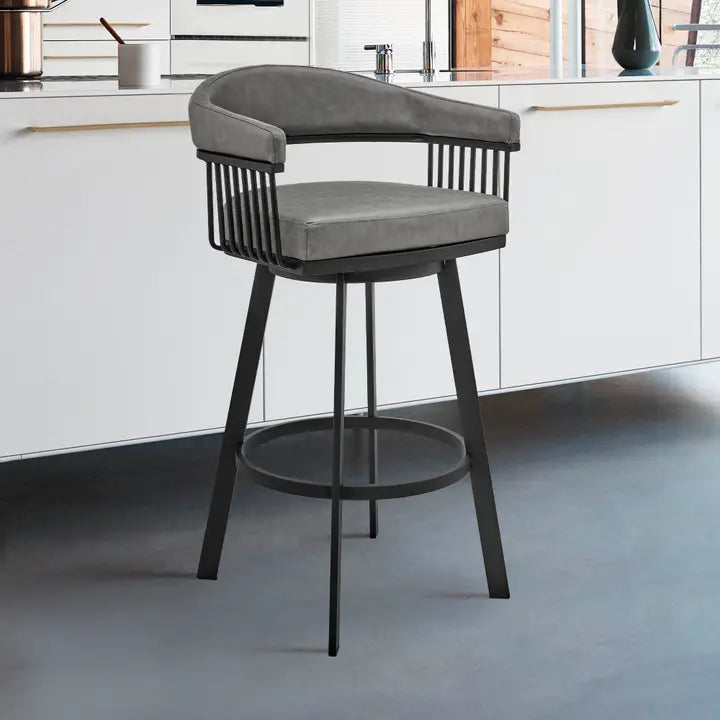 30" Mod Gray Faux Leather Black Finish Swivel Bar Stool