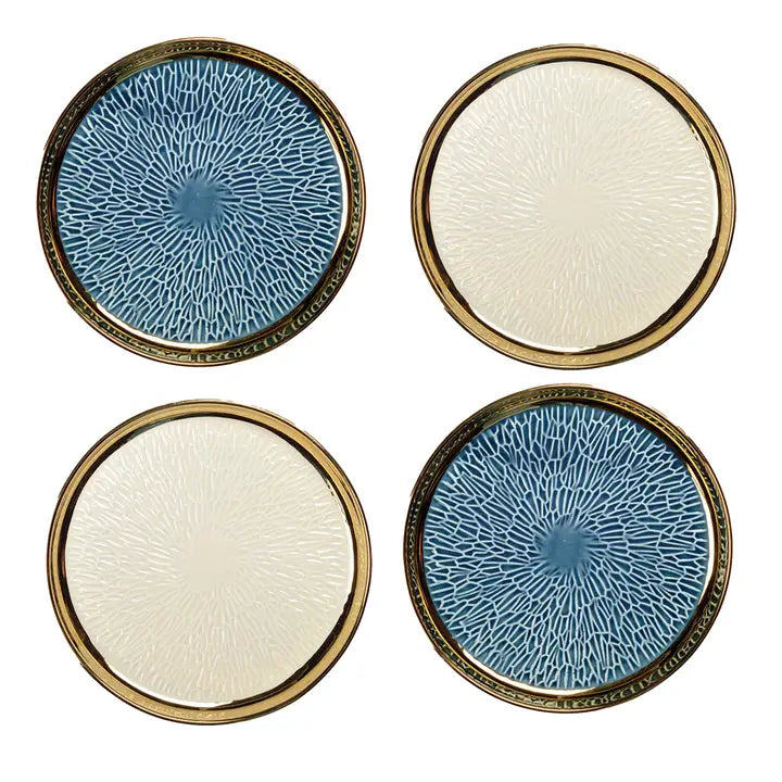 DESSERTBORD MET GOUDEN RAND 2 BLAUW EN 2 CRÈME - SET VAN