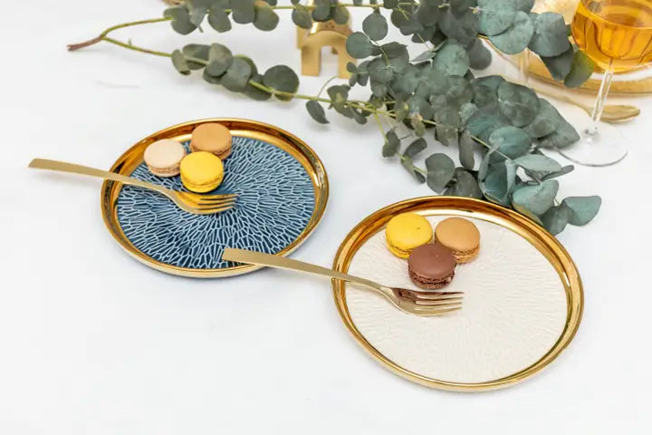 DESSERTBORD MET GOUDEN RAND 2 BLAUW EN 2 CRÈME - SET VAN