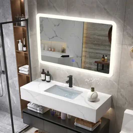 LED wall-mounted bathroom rounded arch corner mirror with shelf