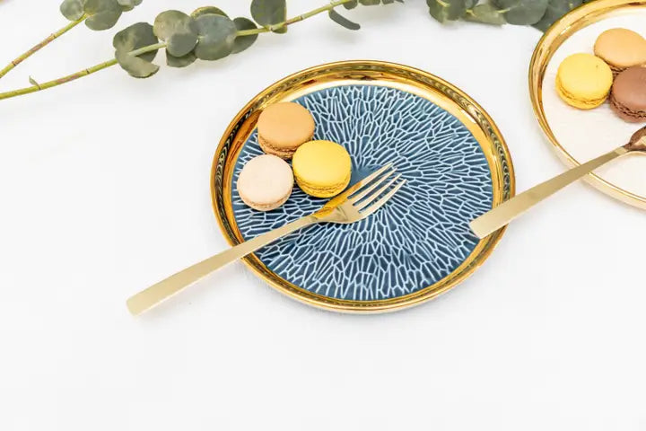 DESSERTBORD MET GOUDEN RAND 2 BLAUW EN 2 CRÈME - SET VAN